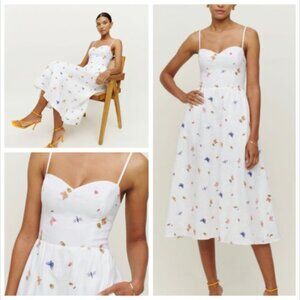 Reformation Zander White Linen Embroidered Ladybug Bug Butterfly Midi Dress